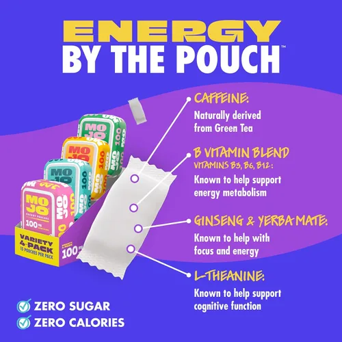 Vista 2 de MOJO Energy - Bolsas de cafeína de 100 mg, paquete variado, 15 bolsas, paquete de 4