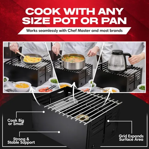 Vista 4 de Chef Master Cubierta para Estufa de Butano - Ajuste Universal para Cualquier Tamaño Estándar - Protector de Viento Plegable de Acero Negro Premium