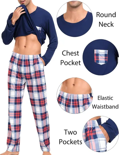 Vista 5 de SWOMOG Pijamas de Navidad para adultos, pantalones de pijama a cuadros con bolsillos, camisetas de manga larga para parejas y familia