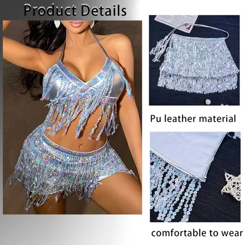 Vista 3 de Conjunto de falda para danza del vientre, lentejuelas brillantes, flecos, borlas y faldas cortas, para festivales y raves para mujer