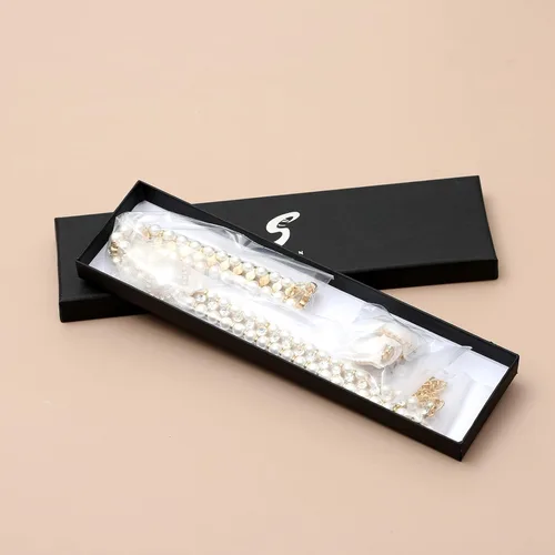 Vista 7 de S SUSANN Juego de collar y aretes de perlas de oro trenzado en capas, collar y aretes de perlas de cristal grueso, buen regalo para mujeres, juego
