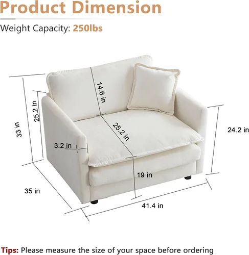 Vista 2 de mikibama Sofá de una plaza de 41.4 pulgadas, sillón cómodo tapizado profundo de chenilla con almohada decorativa para sala de estar, dormitorio