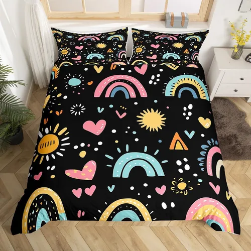 Vista 8 de Decoración de habitación kawaii, juego de funda de edredón arcoíris para niñas, tamaño individual, para niños y niños, lindo diseño de nubes