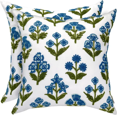 Vista 8 de Alysheer Juego de 2 fundas de almohada bordadas decorativas de verano de 18 x 18 pulgadas, funda de cojín de algodón con patrón de bordado de pájaro