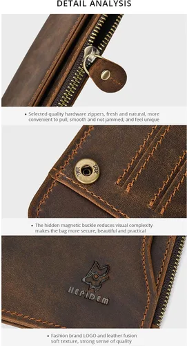Vista 6 de HEPIDEM - Funda de piel auténtica para hombre con bolsillo con cremallera color marrón