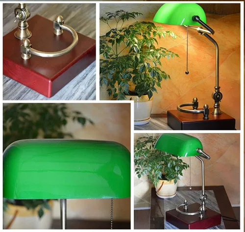 Vista 6 de Lámpara de mesa Esmeralda Verde Vidrio Luz de lectura Base de madera 1920 Clásico Banker lámpara Verde Pull Switch LED Lámpara de escritorio