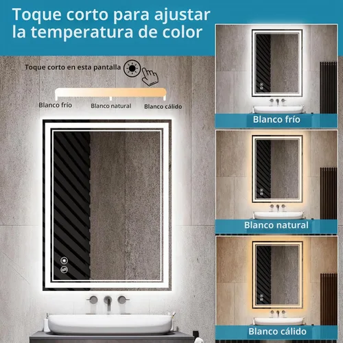 Vista 4 de Espejo de baño de 28 x 36 pulgadas con luces, regulable en 3 colores, sin