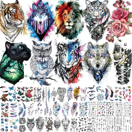 Vista 10 de Bilizar 63 hojas de tatuajes tribales temporales de lobo, león, tigre para hombres, mujeres, adultos, aterradores tatuajes temporales de calavera