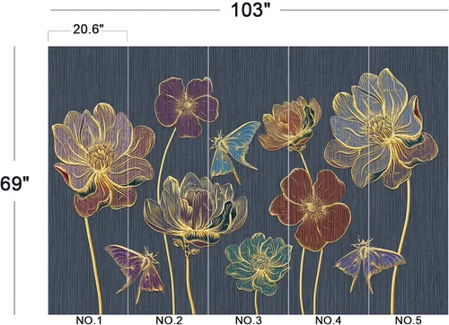 Vista 5 de Papel pintado 3D de flores doradas en relieve para dormitorio, 103 x 69 pulgadas