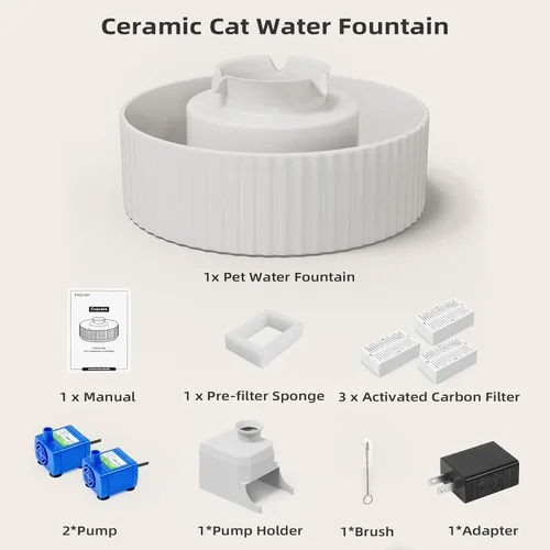 Vista 9 de Fuente de agua de cerámica para gatos, fuente de agua para mascotas con 3 filtros de carbono y 2 bombas de agua, dispensador automático de agua