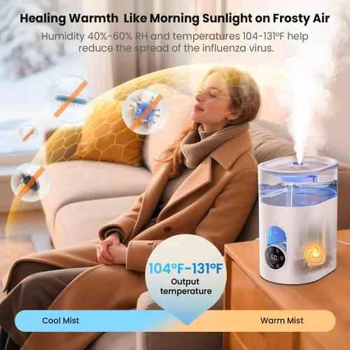Vista 2 de Humidifiers for Bedroom Large Room Home - GloryAir 6L Quiet Top Fill Cool & Warm Mist Humidifier with Smart Humidity Control, Remote Control, White