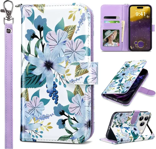 Vista 14 de ULAK Funda tipo cartera compatible con iPhone 15 Pro con tarjetero y diseño de flores, para mujeres y niñas, piel sintética, con función atril
