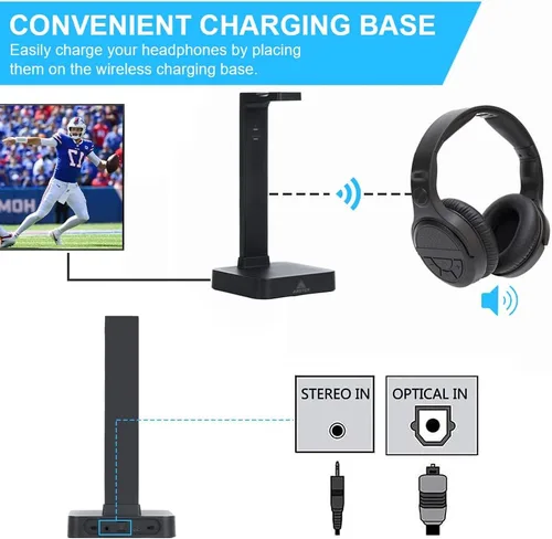 Vista 2 de ANSTEN Auriculares inalámbricos para ver televisión con transmisor RF óptico digital RCA 2.4 GHz, base de carga, auriculares sobre la oreja con 3