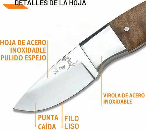 Vista 5 de Elk Ridge 111 Series Outdoors Fixed Blade Knife - 5-in Overall, 440 Stainless Steel Mirror Polished Blade, Burl Wood Handle, Leather Sheath