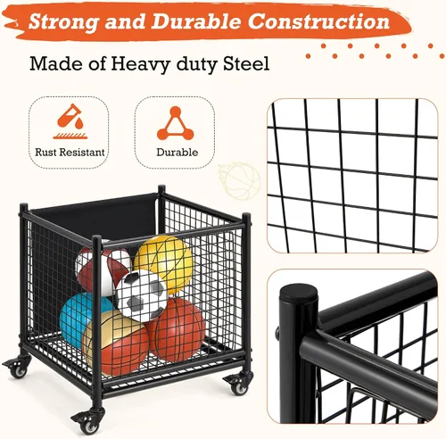 Vista 5 de AECOJOY Almacenamiento de carrito de bolas, cubo de baloncesto con ruedas para garaje, escuela, gimnasio, equipo deportivo y organizador