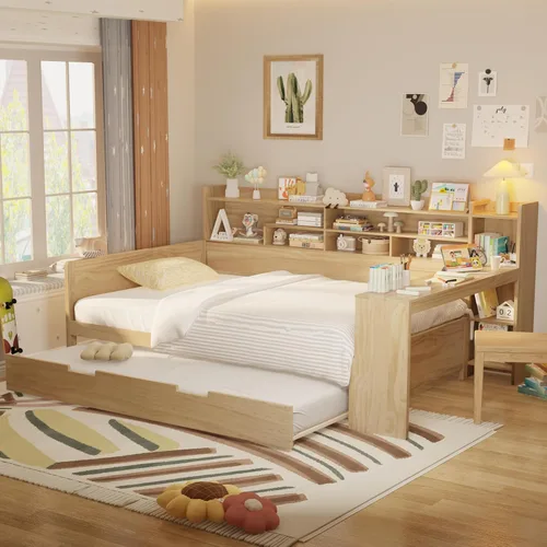Vista 13 de Sofá cama de madera de tamaño individual con nido y cabecera en forma de L, marco de madera para sofá cama con barandilla rústica y soporte