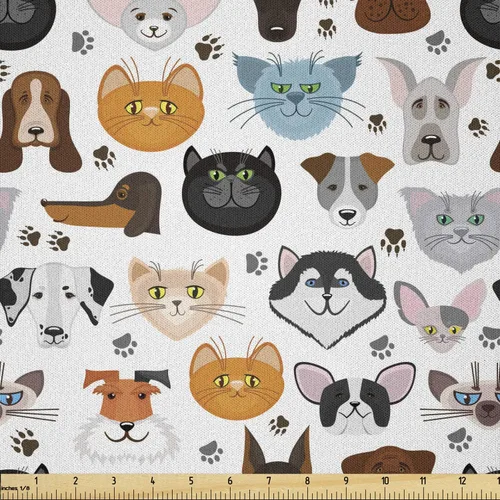Vista 32 de Lunarable Tela de animales de The Yard, caras de gato y perro, mejores amigos, Bulldog Beagle, Labrador, Calico Kitty impresión, tela de satén