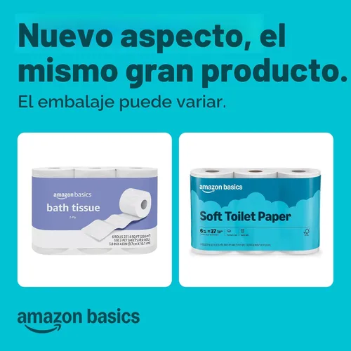 Vista 2 de Amazon Basics - Papel higiénico de 2 capas, 6 rollos = 24 rollos regulares, 350 hojas, (1 paquete de 6), sin perfume
