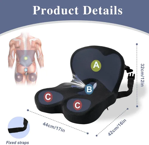 Vista 2 de Cojín de asiento ergonómico con correa ajustable, cojín de asiento de silla de oficina de espuma viscoelástica con diseño en forma de L, cojín