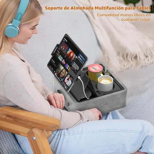 Vista 2 de KDD Soporte de almohada para tableta, soporte ajustable para iPad para cama, regazo y escritorio con dos portavasos y bandeja de almacenamiento