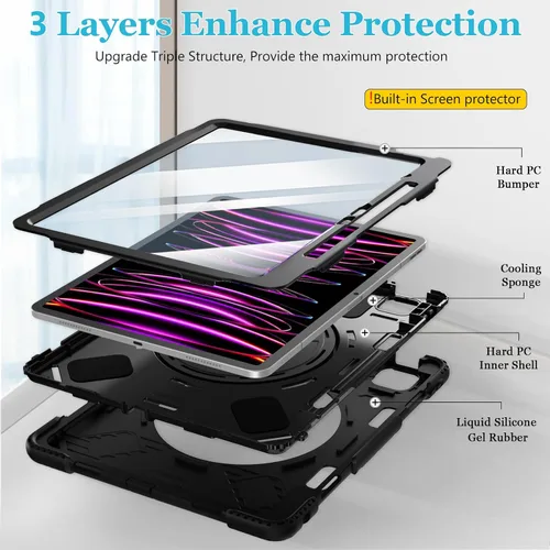 Vista 6 de Funda para iPad Pro de 12.9 2022/2021/2020/2018: Funda para iPad Pro 12.9 6ª/5ª/4ª/3ª generación con protector de pantalla, soporte para lápices