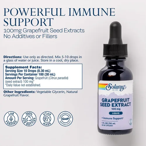 Vista 2 de SOLARAY Gotas de extracto de semilla de pomelo de 100 mg - Suplemento de apoyo para el bienestar - Prácticas gotas líquidas, garantía de devolución