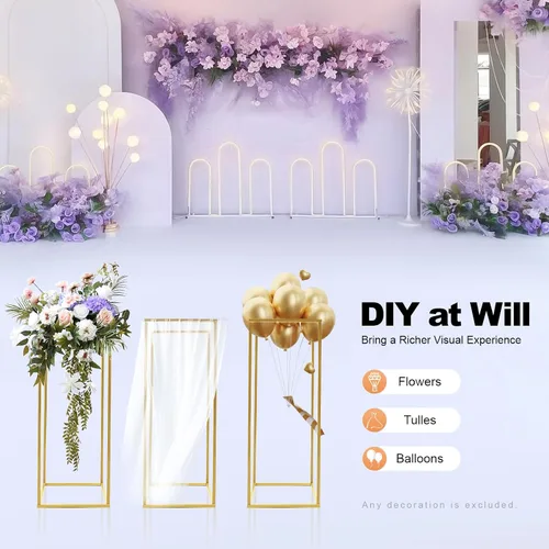 Vista 5 de 4 piezas de soporte de flores doradas, soporte de flores de boda de 23.6 pulgadas de alto, soporte rectangular para jarrones de boda, fiesta, mesa