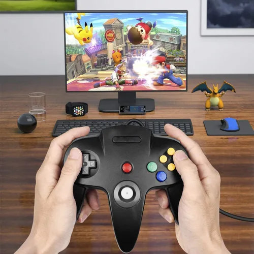 Vista 2 de KIWITATA Paquete de 2 controladores USB clásicos N64, Retro N64 con cable, control remoto para Windows PC 7 8 11 y Mac Raspberry Pi 3 Negro