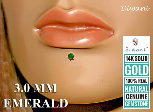 Vista 4 de Diwani Anillo de oro de 14 quilates de 0.118in con piedras preciosas de esmeralda natural de compromiso para boda, nariz, labio, labio, monroe