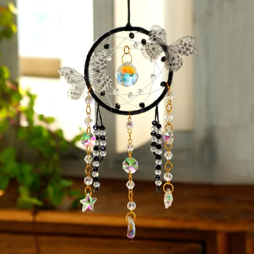 Vista 6 de Artilady Atrapasueños para niñas – Atrapasueños de mariposa pequeña negra con cristales, bonita decoración de habitación para adolescentes y niños
