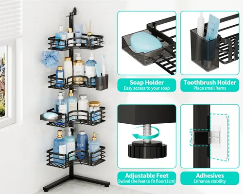Vista 3 de HapiRm Corner Shower Caddy Stand - 4-Tier Adjustable Shower Shelves, Black