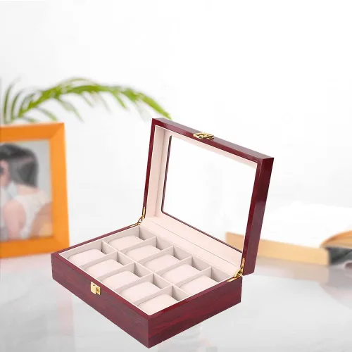 Vista 2 de Fosinz Caja de madera para relojes, 10 ranuras para hombres y mujeres, caja de colección superior de cristal, organizador de almacenamiento