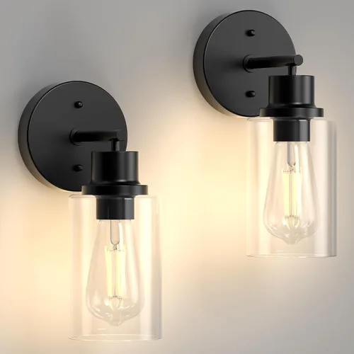 Vista 25 de Juego de 2 apliques de pared, lámparas de baño cableadas, iluminación de pared moderna para tocador de baño con pantalla de vidrio transparente