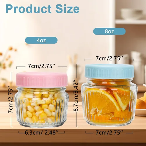 Vista 2 de Frascos de vidrio Mason de boca regular, tarros Mason mini de 4 oz, paquete de 8 frascos de vidrio transparente con tapas de plástico coloridas