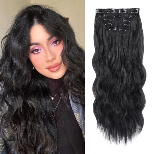 Vista 13 de WECAN Extensión de cabello con clip, de 20 pulgadas, mezcla de rubio ceniza y rubio decolorado, 6 piezas, extensiones de cabello largo ondulado