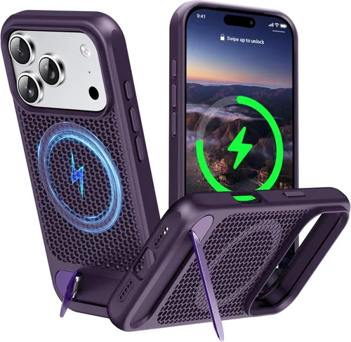 Vista 62 de Funda magnética de disipación de calor para iPhone 13 Pro Max, para MagSafe, protección contra caídas Coolingf, funda con función atril ajustable