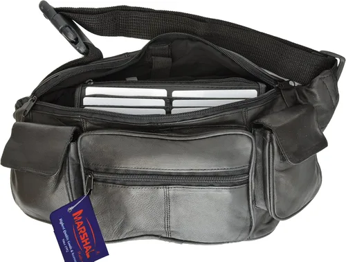 Vista 2 de Private Label Riñonera de piel de cordero genuina negra grande con bolsa para teléfono celular