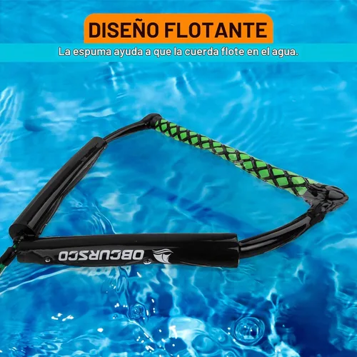 Vista 6 de Obcursco Cuerda Wakeboard, línea de deportes acuáticos con mango EVA. Ideal para esquí acuático, wakeboard, rodillera 2 secciones verde y amarillo