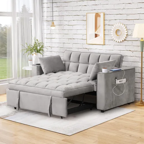 Vista 27 de Sofá cama convertible de terciopelo con respaldo ajustable y enchufe USB, sofá cama extraíble multiposición tamaño individual con 2 almohadas