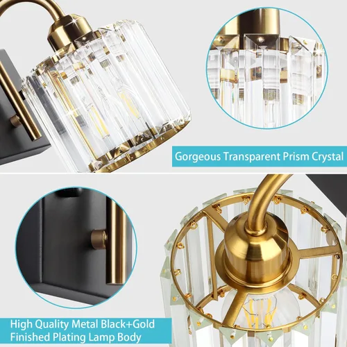 Vista 4 de Luz de tocador de baño dorada - Accesorio de luz de baño de cristal sobre espejo
