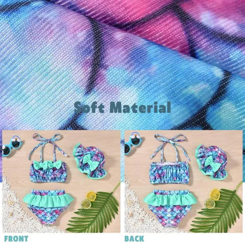 Vista 5 de Aalizzwell Conjunto de bikini de 3 piezas para niñas pequeñas con sombrero