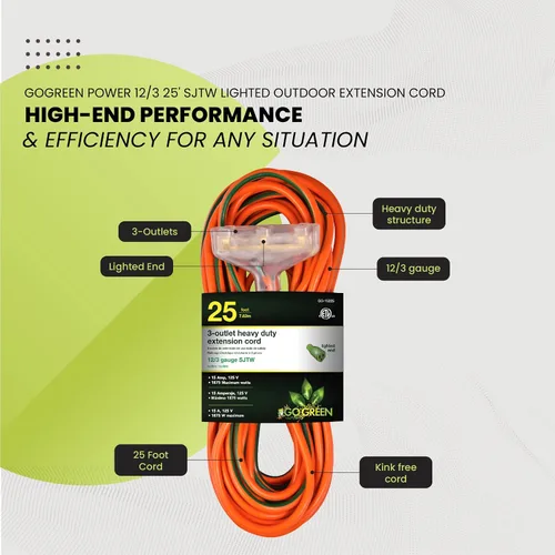 Vista 4 de GoGreen Power (GG-15225) Cable de extensión SJTW de 3 salidas de 12/3 de 25 pies, extremo iluminado, 25 pies