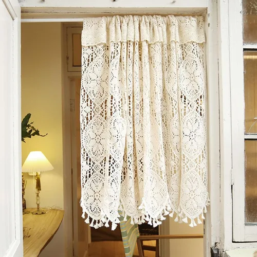 Vista 3 de Cenefa de cortina de ganchillo bohemio para ventana de cocina, retro, rústico, de algodón, con encaje, corta, bolsillo para barra con borlas