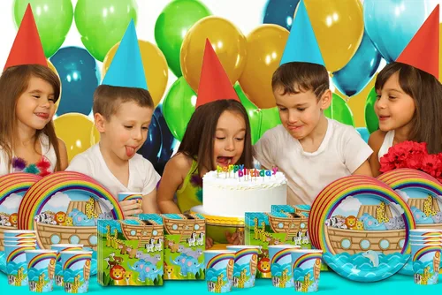 Vista 7 de Noah's Ark - Juego de suministros para fiesta de cumpleaños, platos, servilletas, vasos, vajilla para 16
