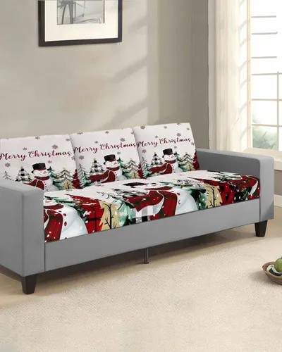 Vista 2 de Fundas de cojín elásticas para sofá de Navidad, diseño de muñeco de nieve, seccional/individual/en forma de L, protector de muebles con parte