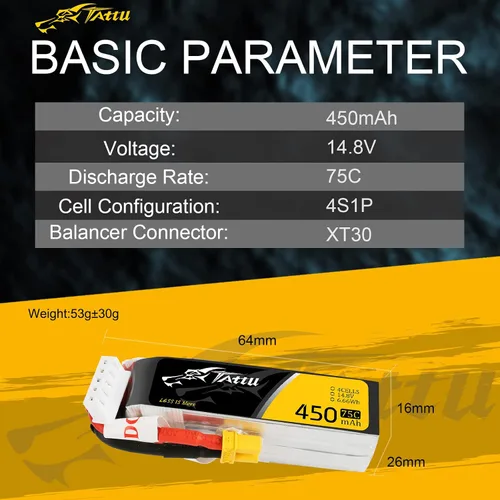Vista 2 de Gens ace Tattu 4S Lipo Batería 14.8 V 450 mAh 75C Lipo Batería XT30 Plug para H Frame Mini RC Racing Drone FPV