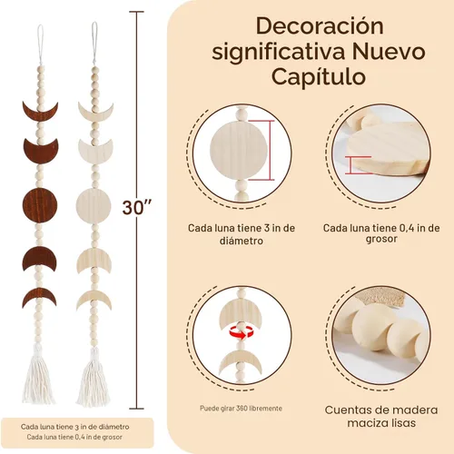 Vista 3 de Colgante de pared de fase lunar de madera, decoración de dormitorio celestial estética bohemia para el hogar (beige)