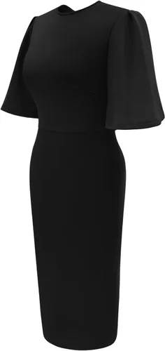Vista 2 de Memoriesea - Vestido de tubo entallado para mujer, diseño de mangas cortas acampanadas con volantes, largo por debajo de la rodilla