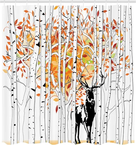 Vista 2 de Ambesonne Cortina de ducha de ciervos, ciervos en el bosque, colores otoñales, árboles, follaje, arte estacional, tela de tela, juego de decoración
