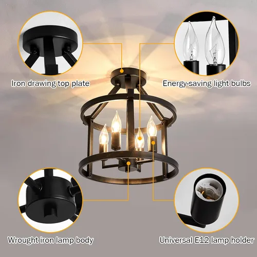 Vista 3 de UOFUS 2 paquetes de lámpara de techo semiempotrada estilo granja, lámpara de techo mate con diseño de araña para entrada, vestíbulo, comedor